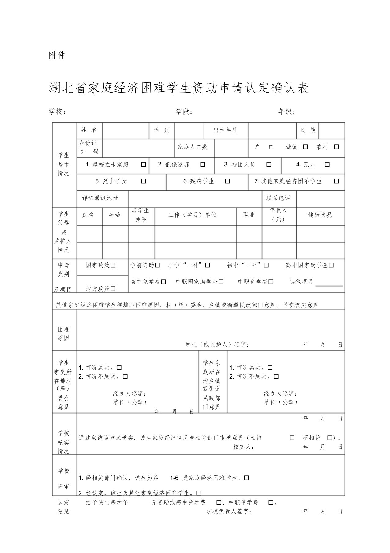 湖北省家庭经济困难学生资助申请认定确认表