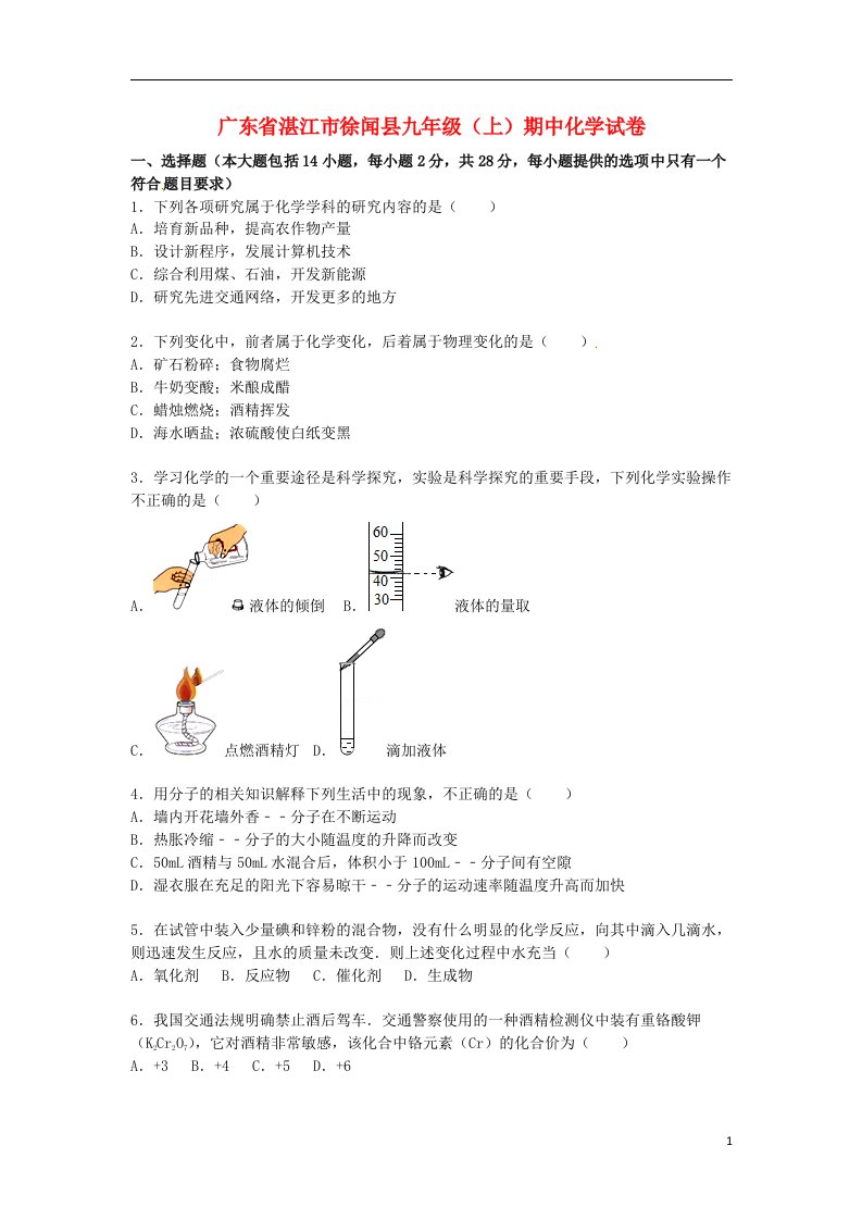 广东省湛江市徐闻县九级化学上学期期中试题（含解析）