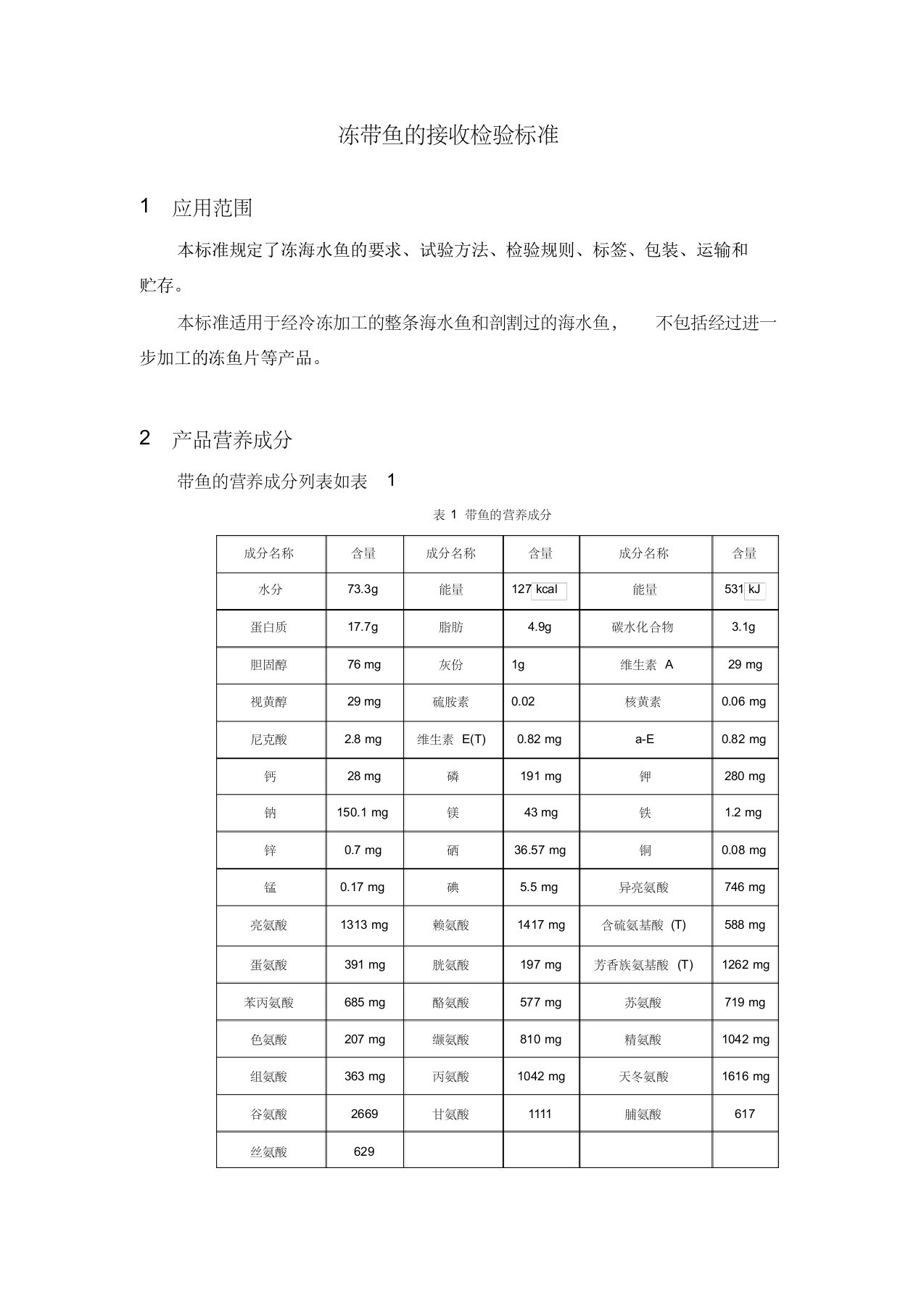 冻带鱼的接收检验标准