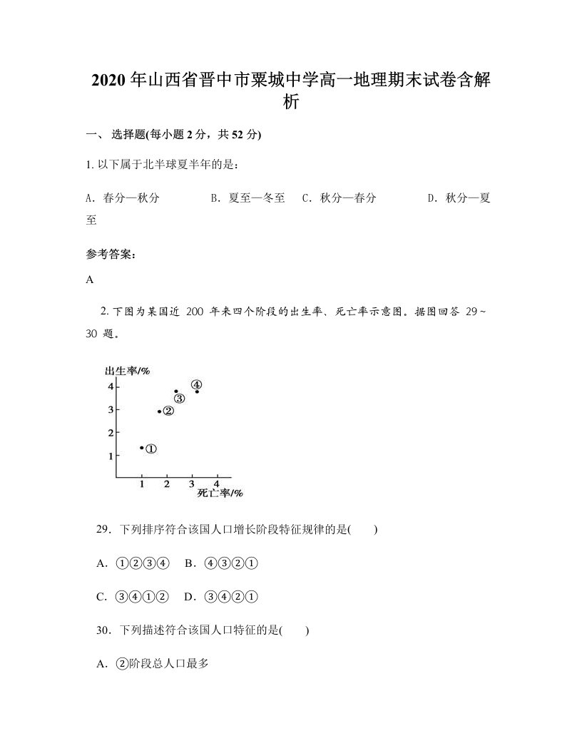 2020年山西省晋中市粟城中学高一地理期末试卷含解析