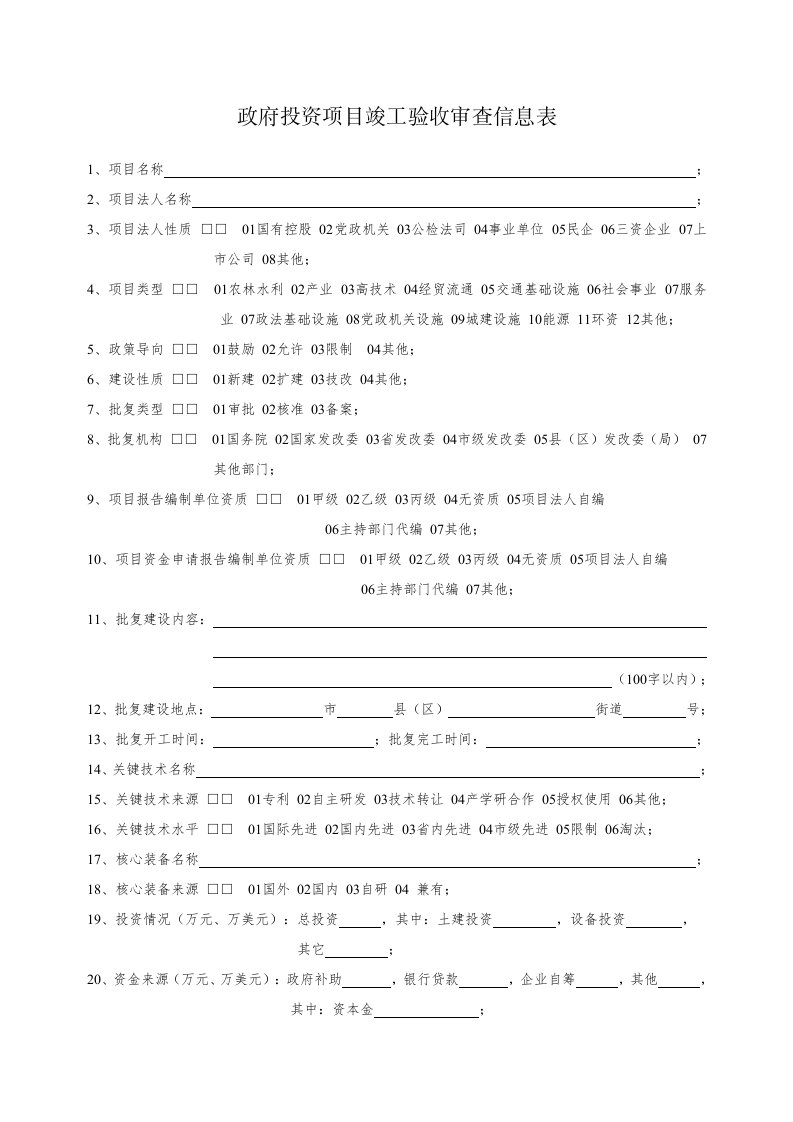 政府投资项目竣工验收审查信息表格