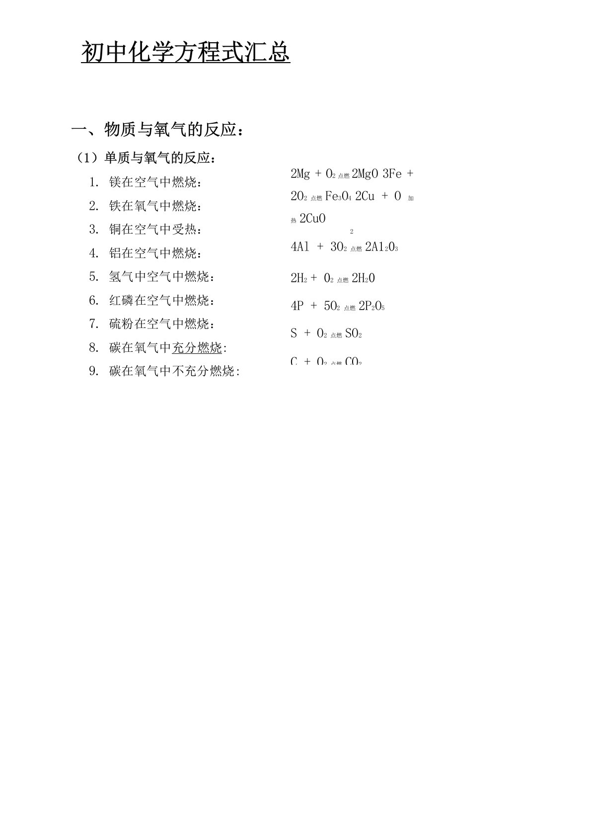 初中化学方程式汇总打印版