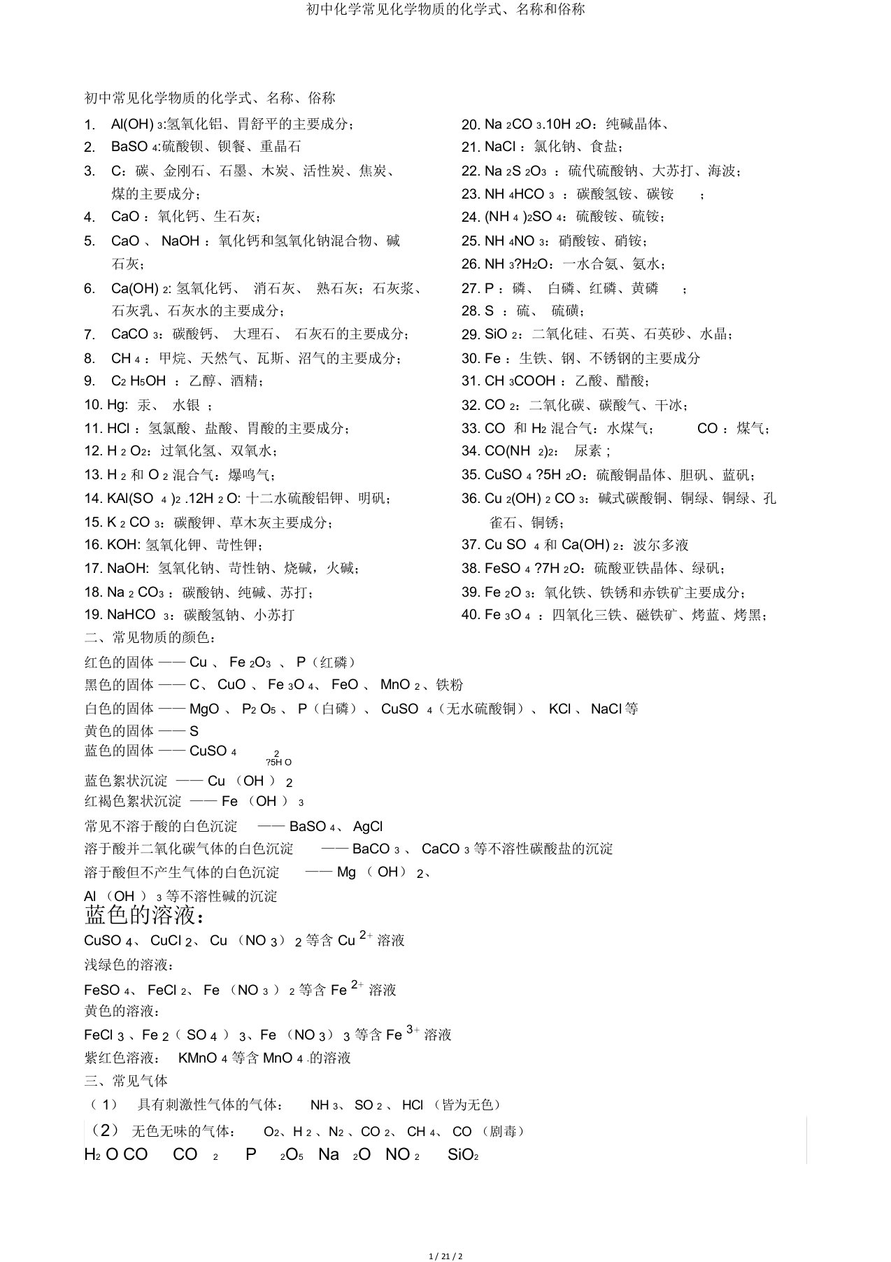 初中化学常见化学物质的化学式、名称和俗称