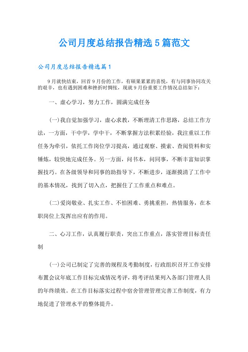 公司月度总结报告精选5篇范文