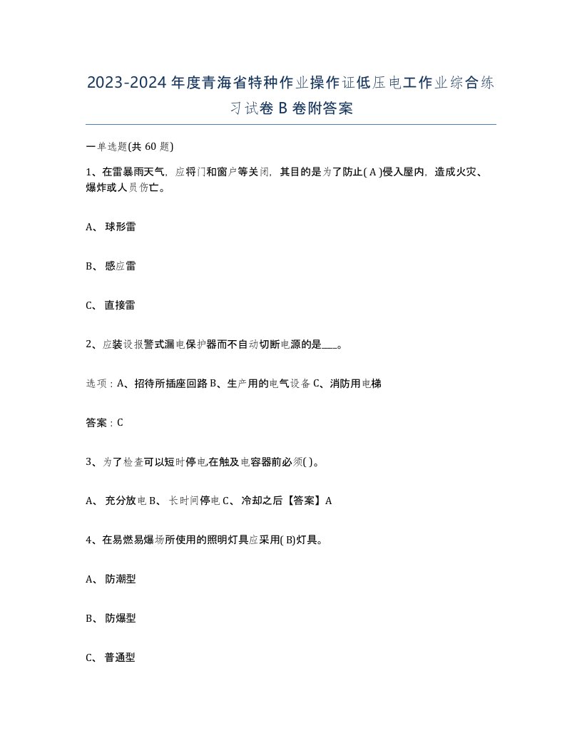 2023-2024年度青海省特种作业操作证低压电工作业综合练习试卷B卷附答案