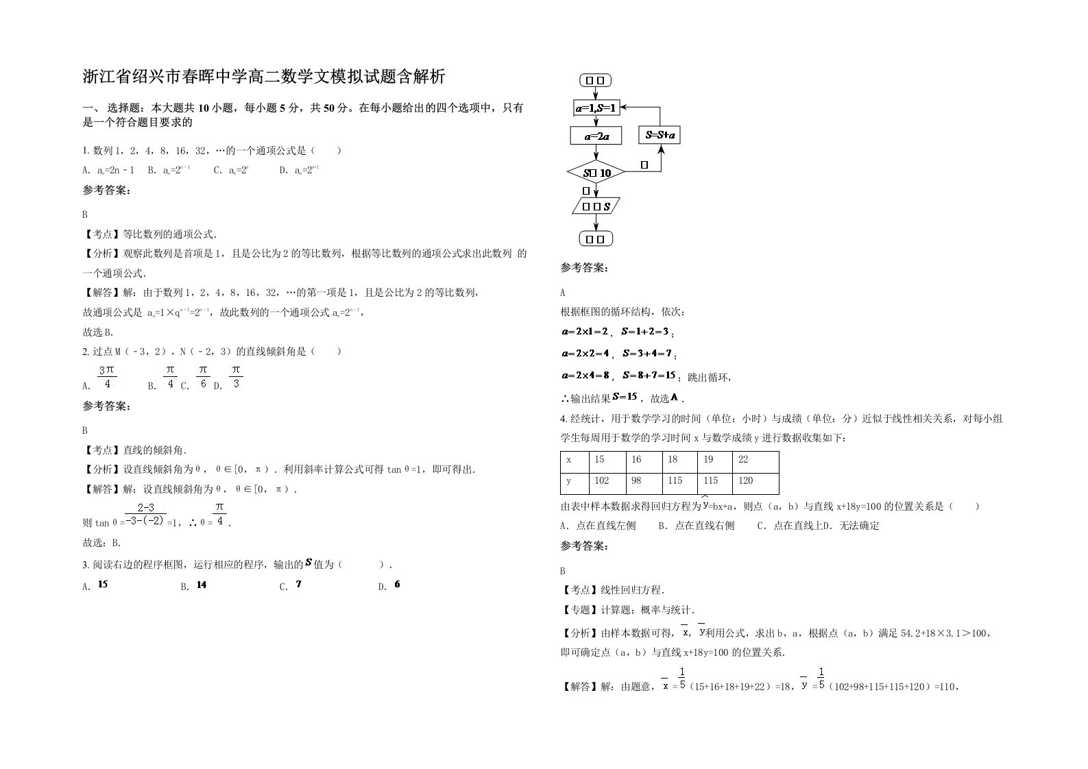 浙江省绍兴市春晖中学高二数学文模拟试题含解析