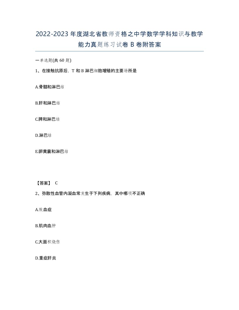 2022-2023年度湖北省教师资格之中学数学学科知识与教学能力真题练习试卷B卷附答案