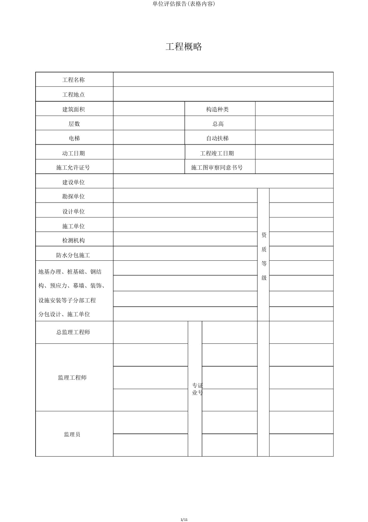 单位评估报告(表格内容)