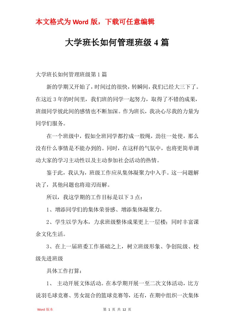 大学班长如何管理班级4篇