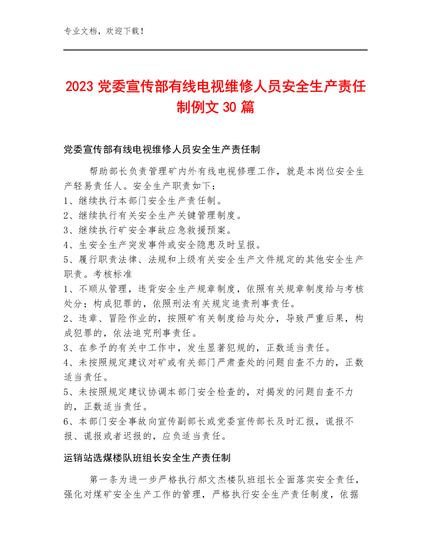 2023党委宣传部有线电视维修人员安全生产责任制例文30篇