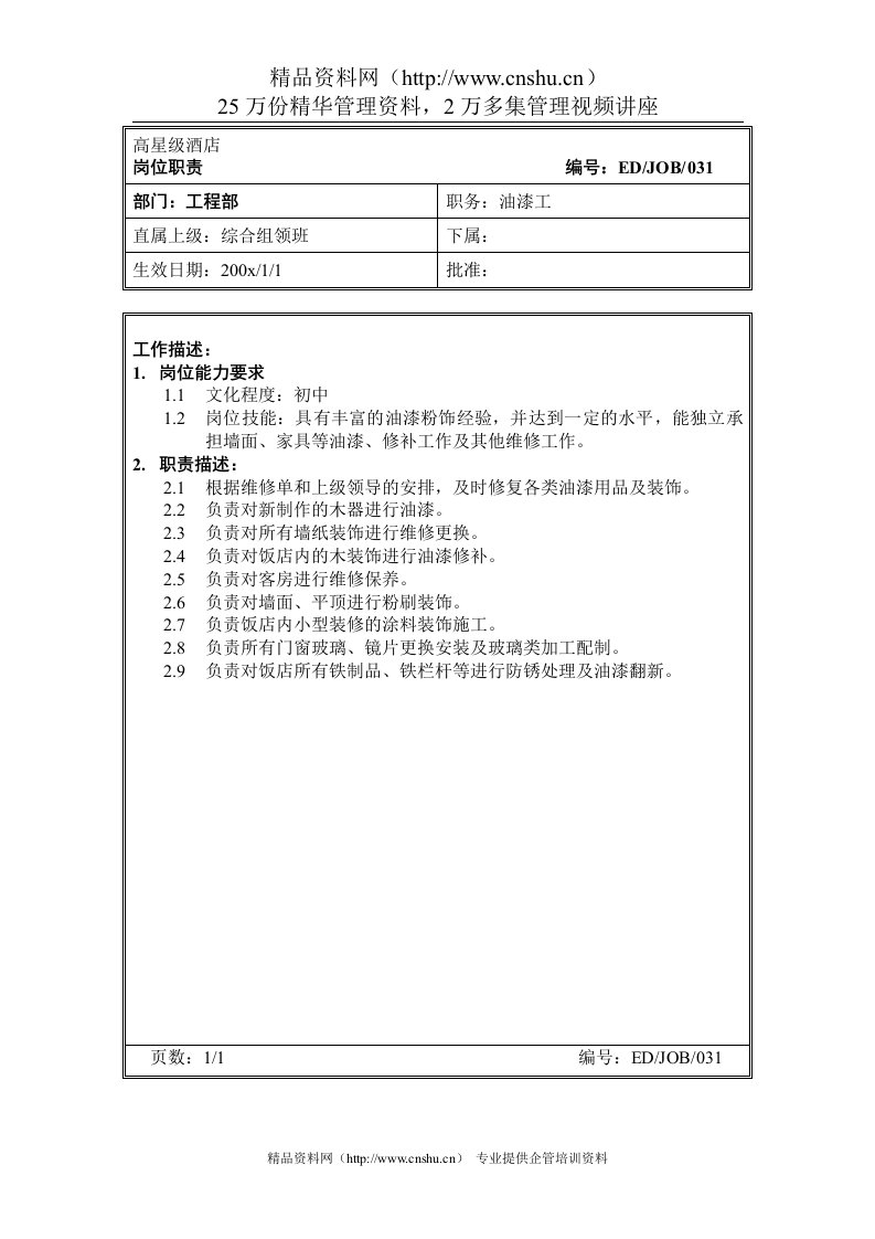 高星级酒店工程部油漆工岗位职责(2)