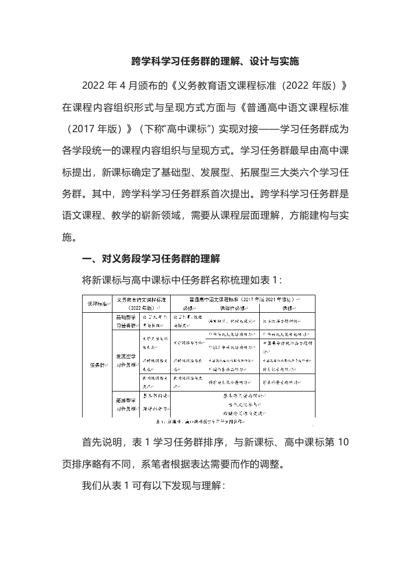 跨学科学习任务群的理解、设计与实施