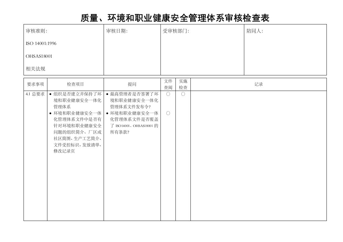 环境管理体系审核检查表