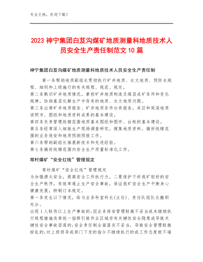 2023神宁集团白芨沟煤矿地质测量科地质技术人员安全生产责任制范文10篇