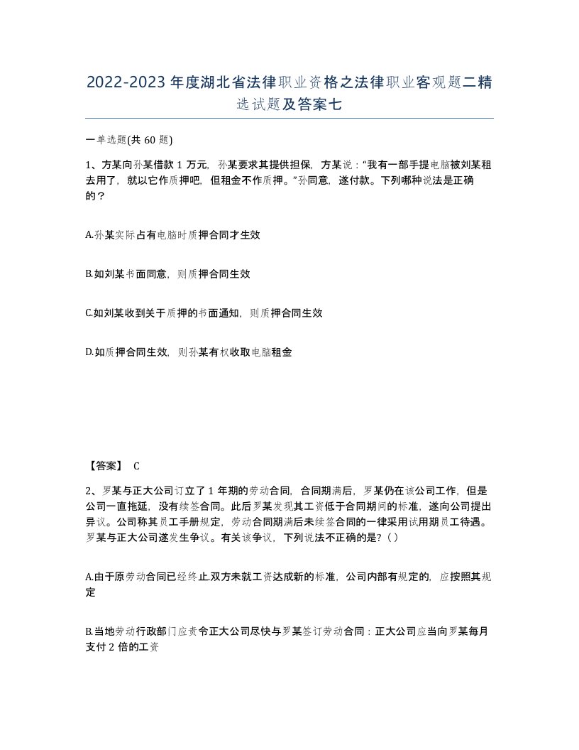 2022-2023年度湖北省法律职业资格之法律职业客观题二试题及答案七