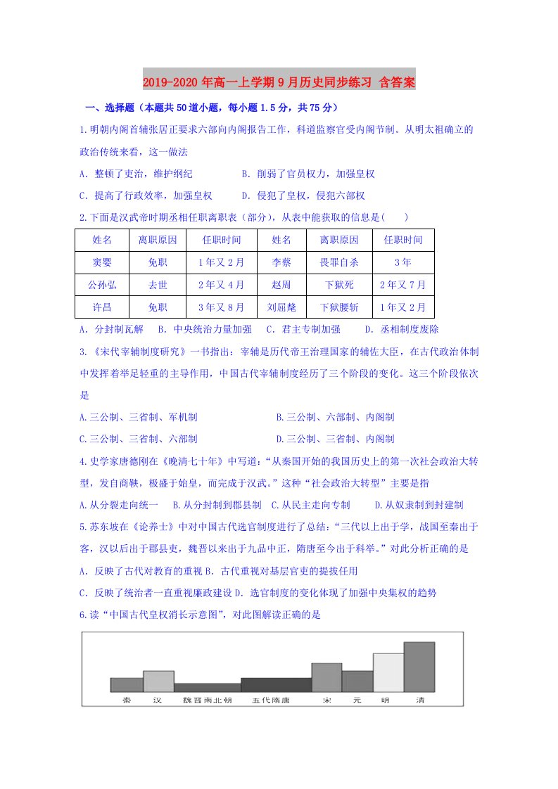 2019-2020年高一上学期9月历史同步练习