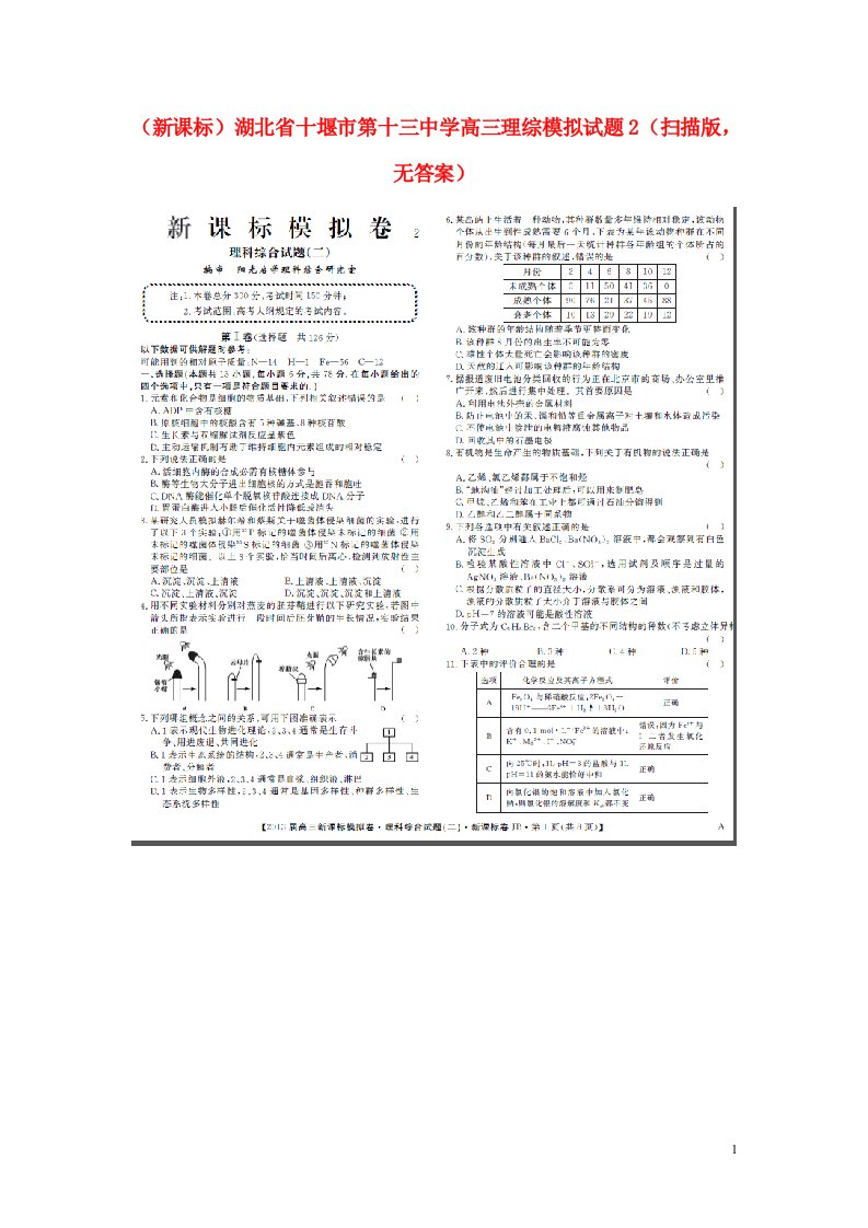 湖北省十堰市第十三中学高三理综模拟试题2（扫描版，无答案）