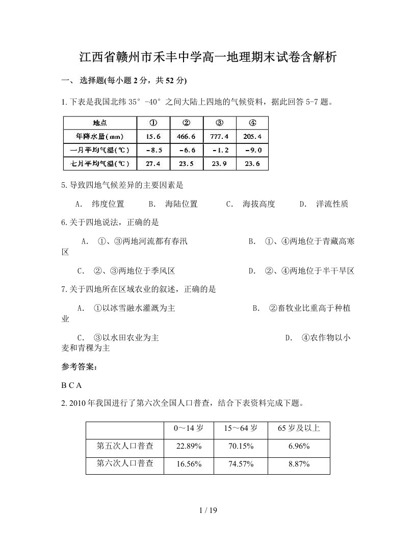 江西省赣州市禾丰中学高一地理期末试卷含解析