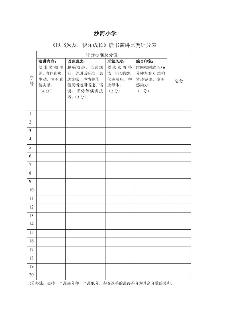 演讲比赛评分表