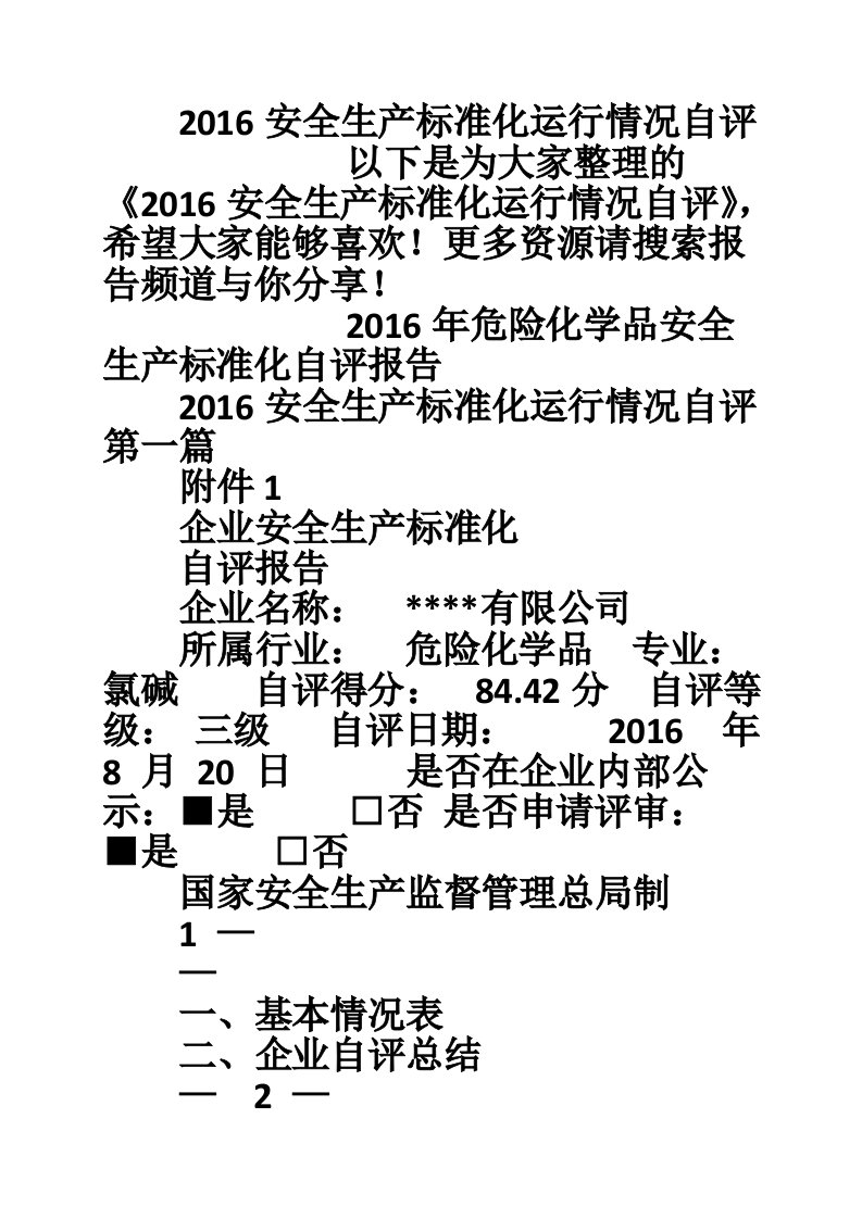 2016安全生产标准化运行情况自评