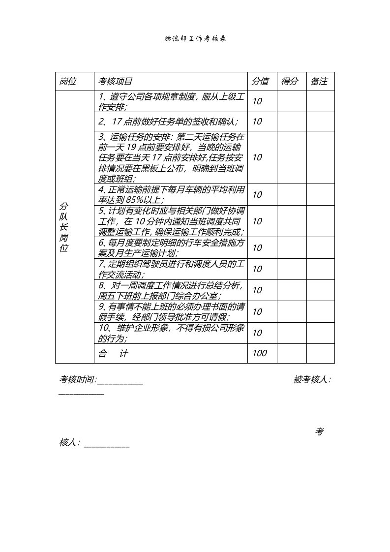 物流部工作考核表