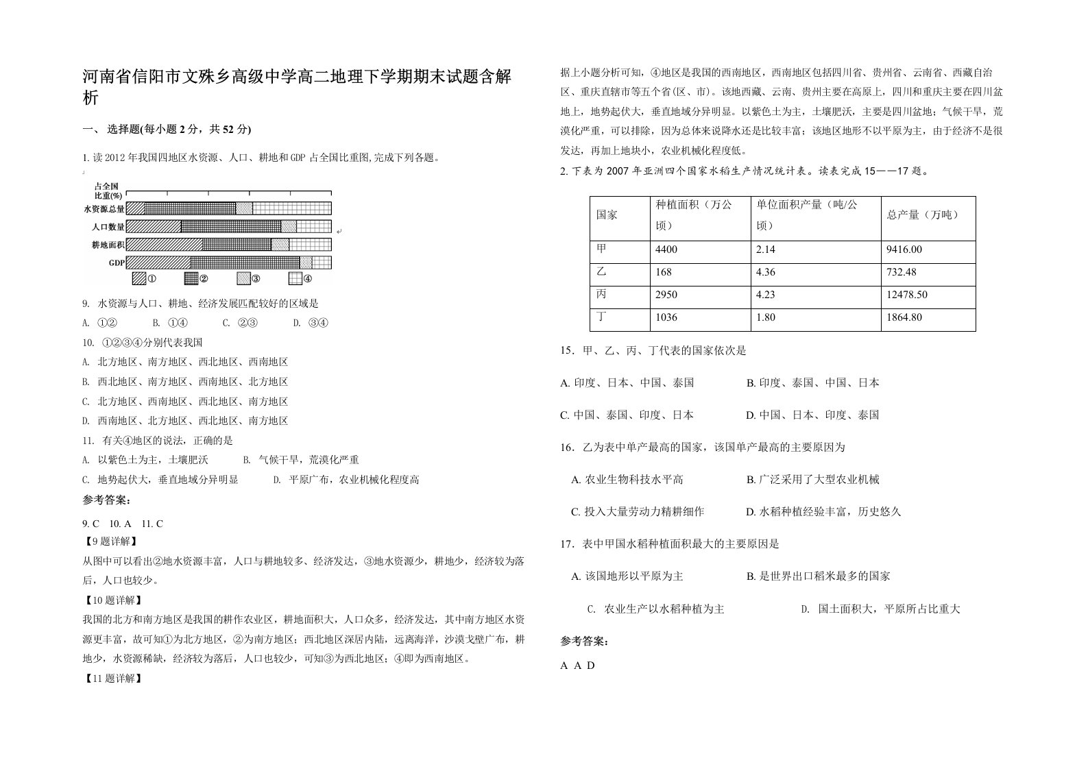 河南省信阳市文殊乡高级中学高二地理下学期期末试题含解析