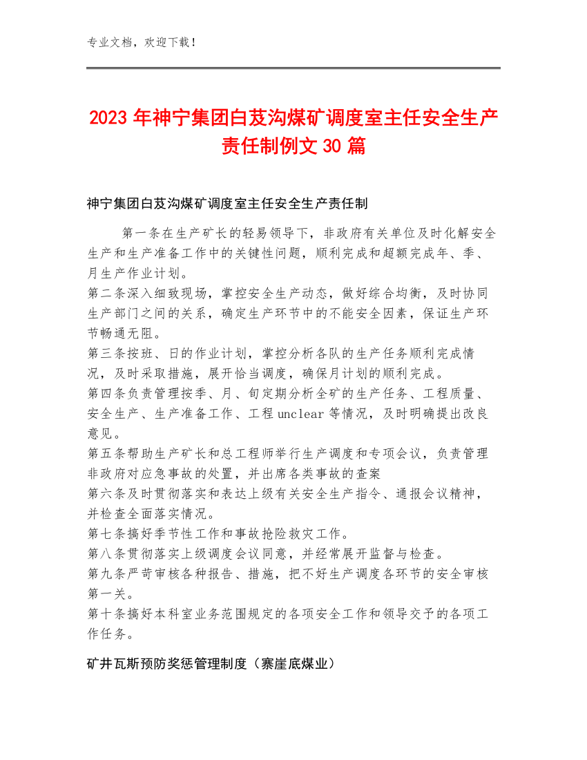 2023年神宁集团白芨沟煤矿调度室主任安全生产责任制例文30篇