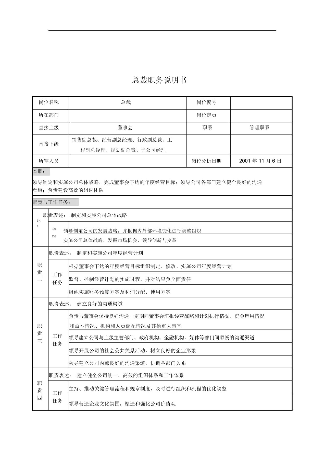 企业总裁岗位描述