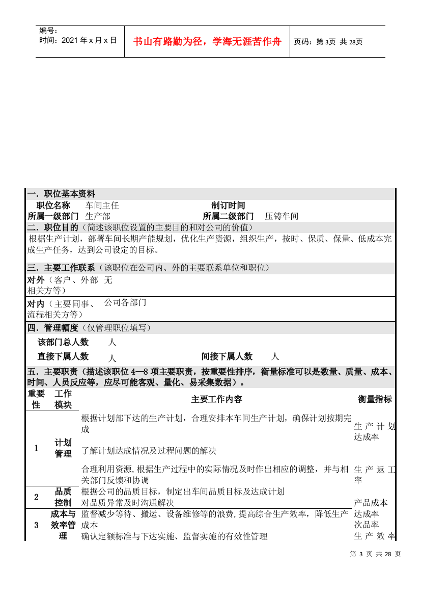 企业生产车间岗位职责说明