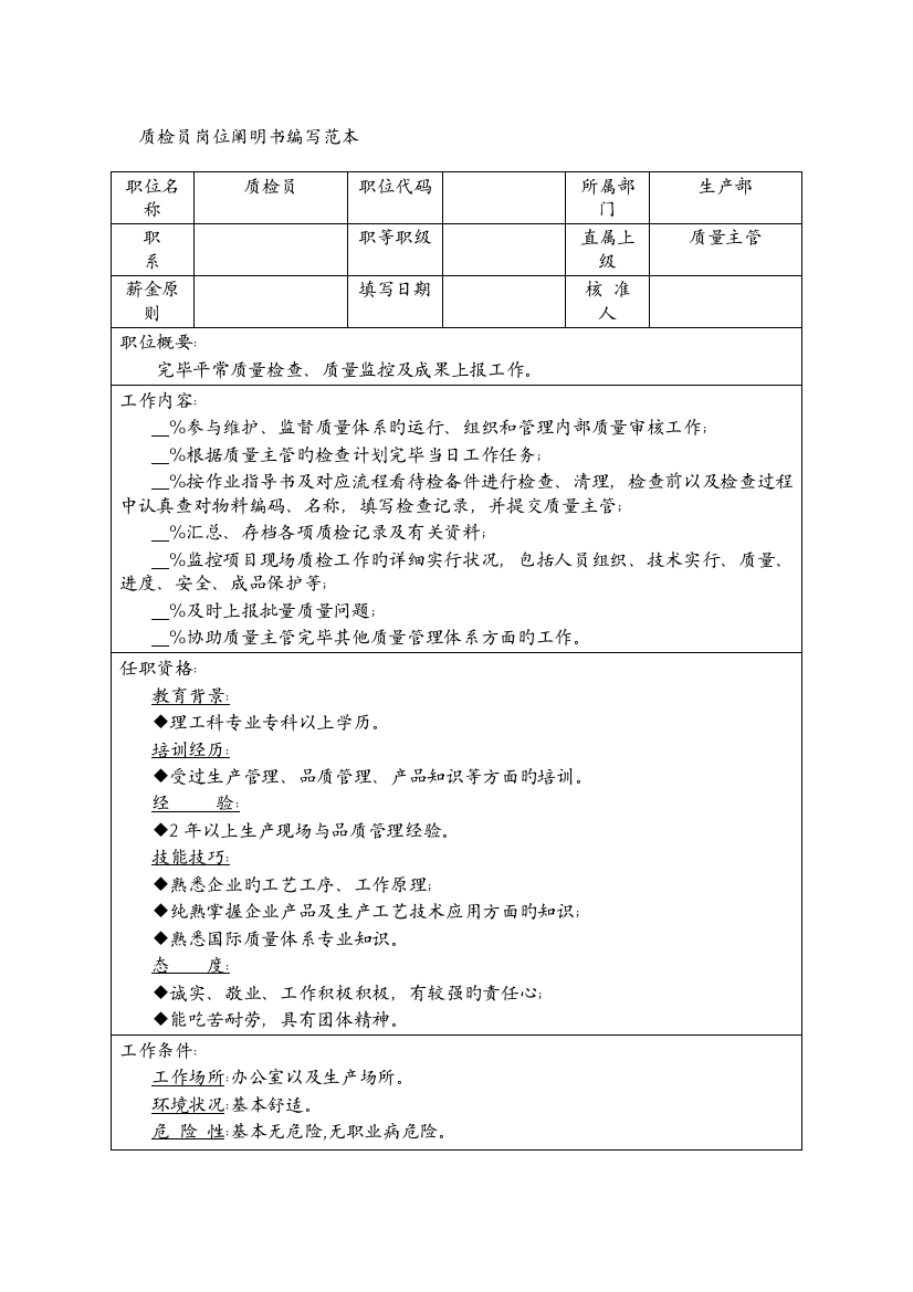 2023年质检员岗位说明书编写范本