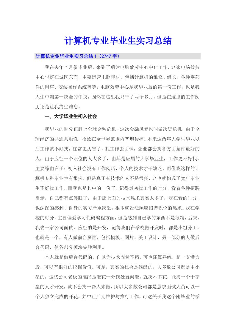 计算机专业毕业生实习总结