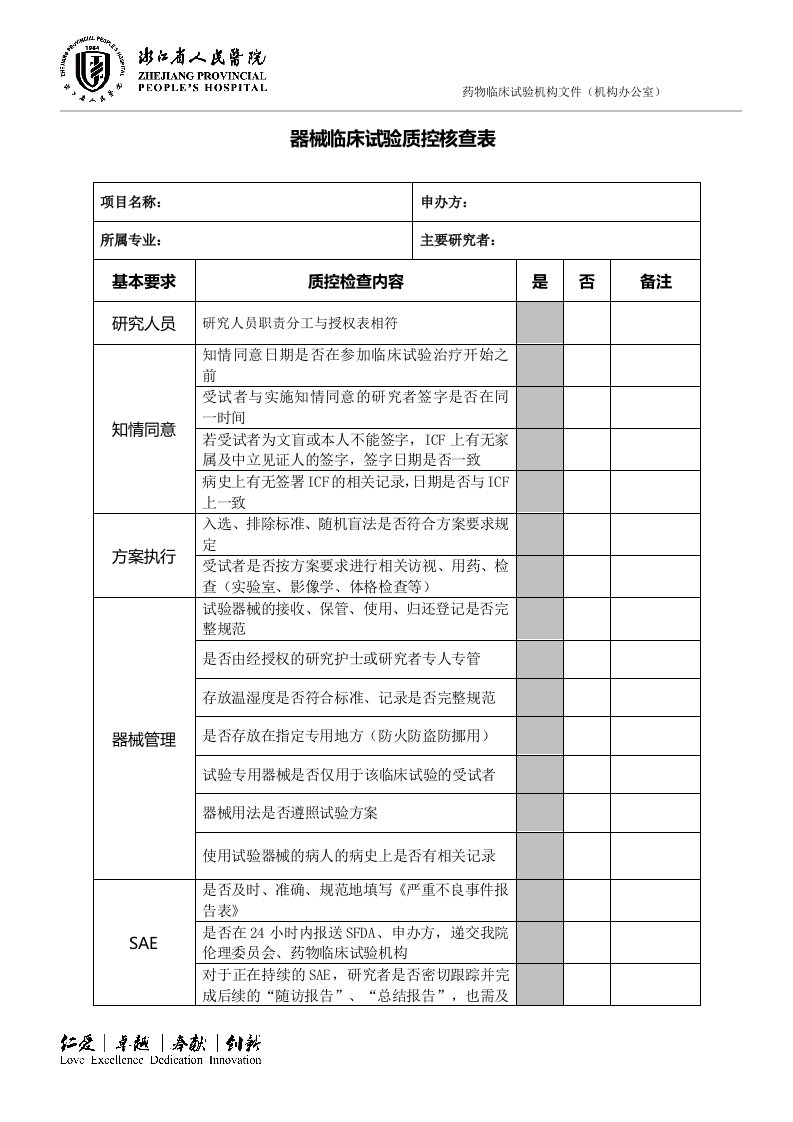 器械临床试验质控核查表