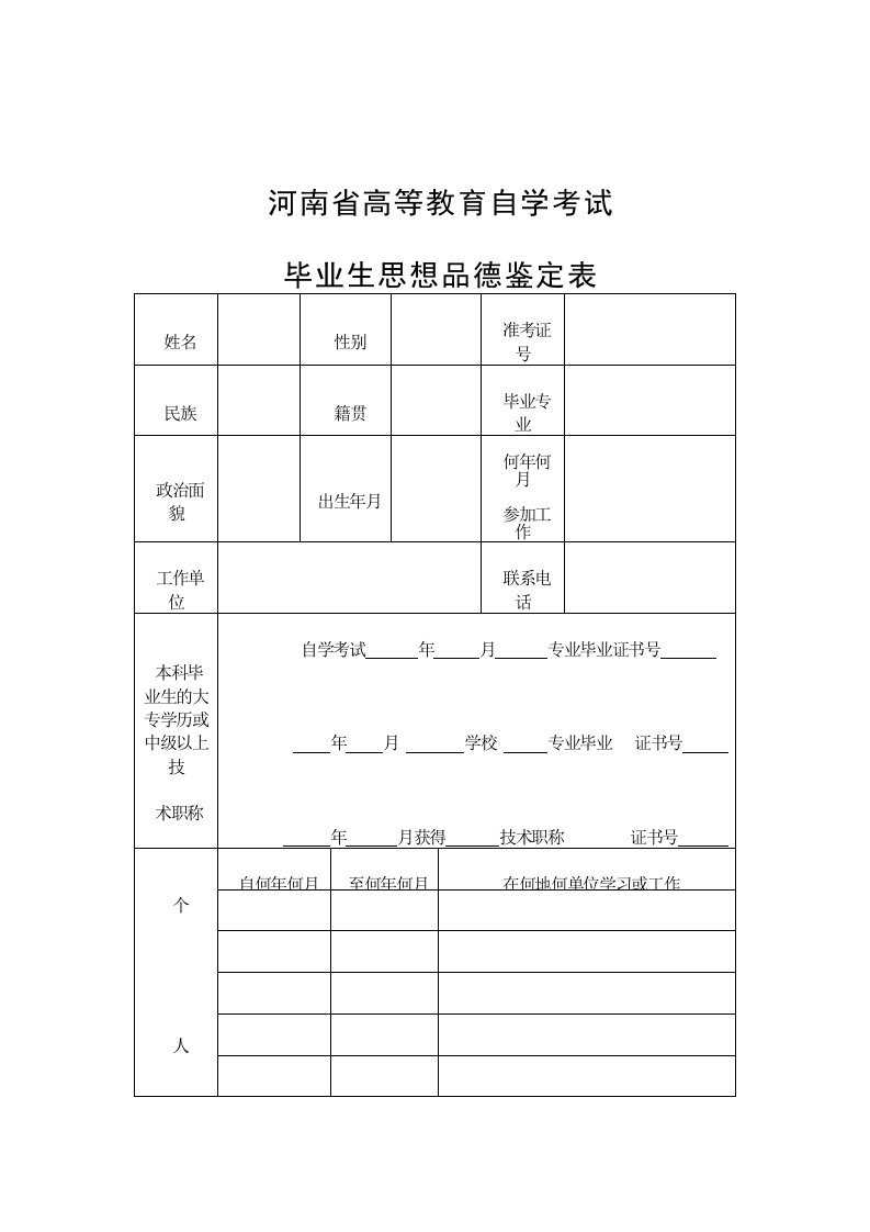 河南省高等教育自学考试毕业生思想品德鉴定表