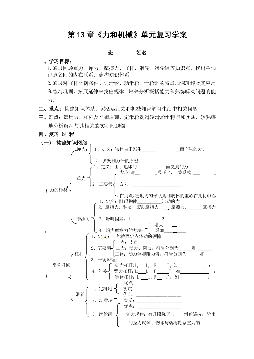 人民教育出版物理九年第13章《力与机械》复习学案