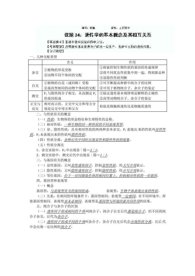 高中生物高考复习精讲精练(课题34)：遗传学的基本概念及其相互关系