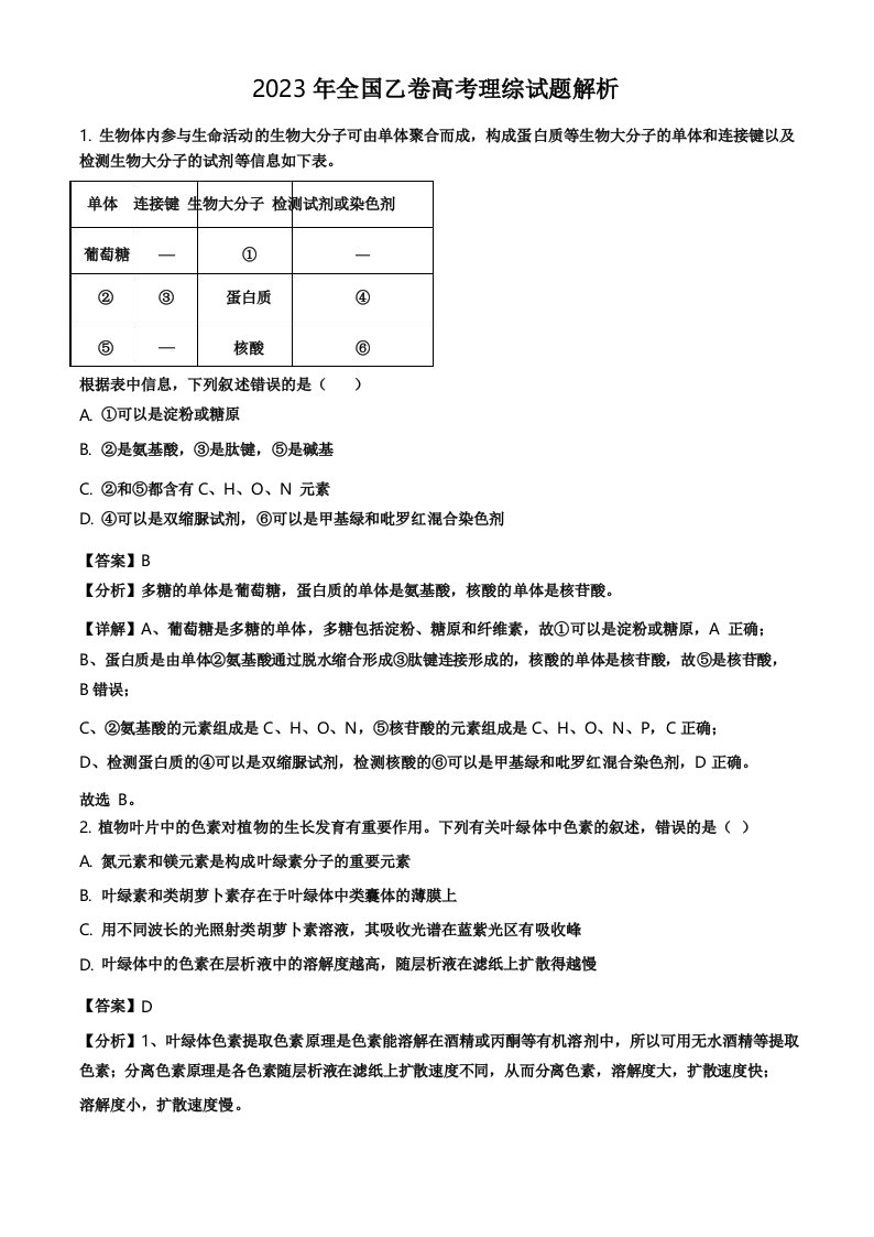 2023年全国乙卷高考理综试题解析