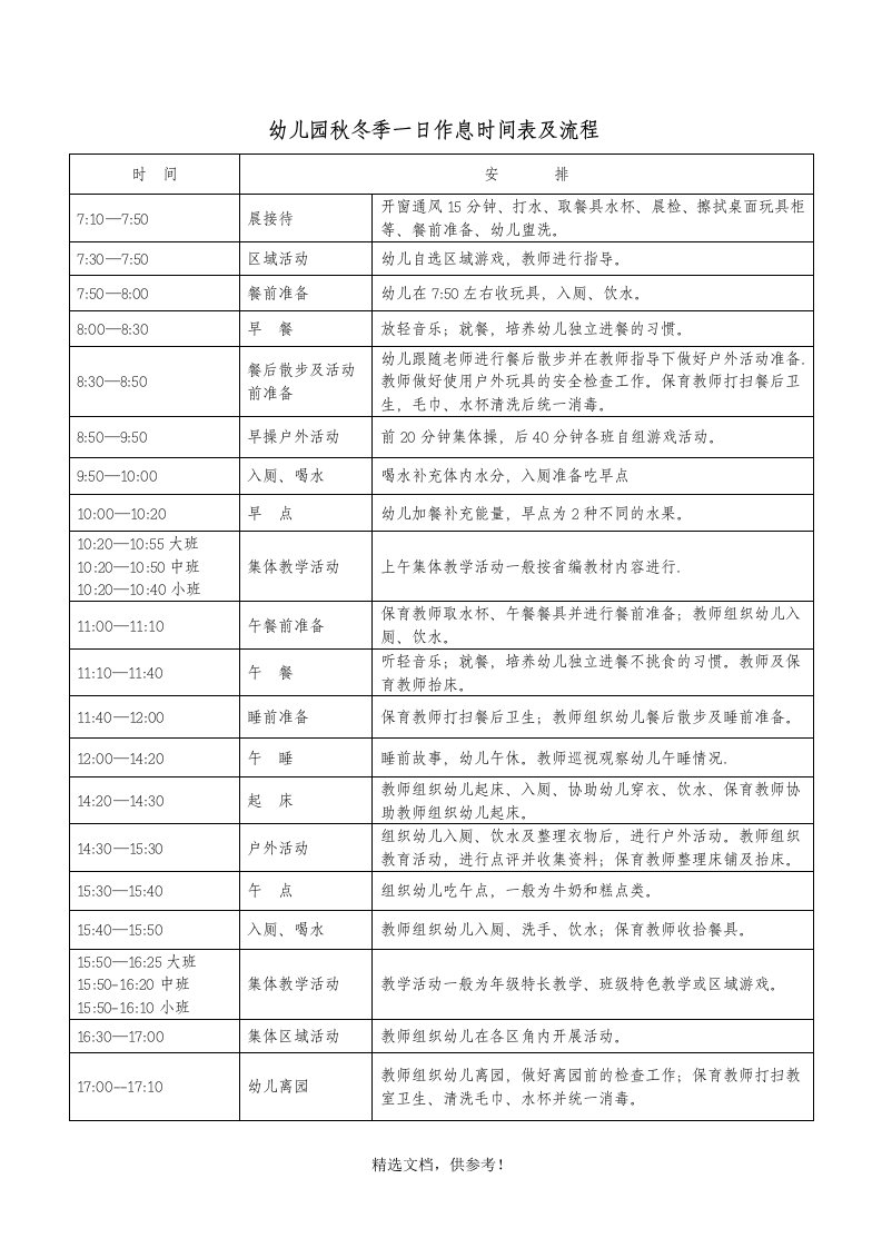 幼儿园一日作息时间表参考版