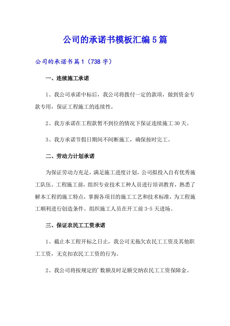 公司的承诺书模板汇编5篇