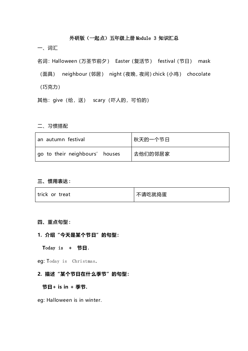 外研版一起点五年级上册Module3知识点汇总