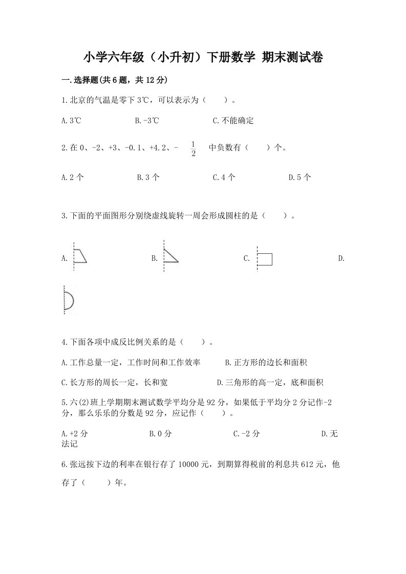 小学六年级（小升初）下册数学