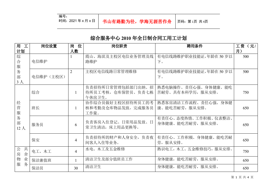 综合服务中心XXXX年全日制合同工用工计划