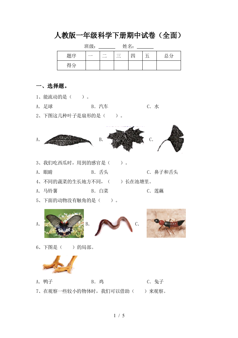 人教版一年级科学下册期中试卷(全面)