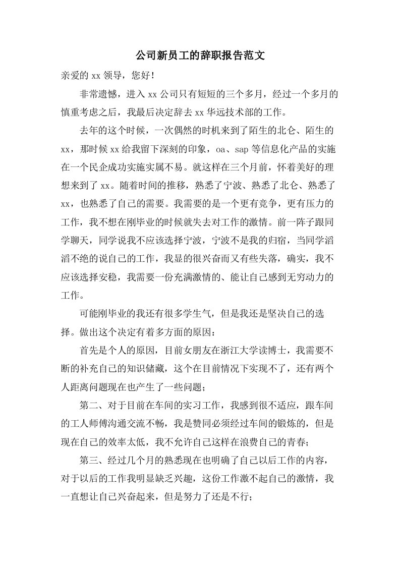 公司新员工的辞职报告范文