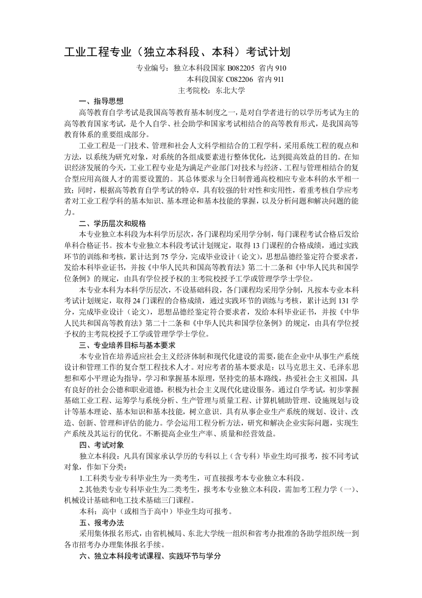 工业工程专业(独立本科段、本科)考试计划