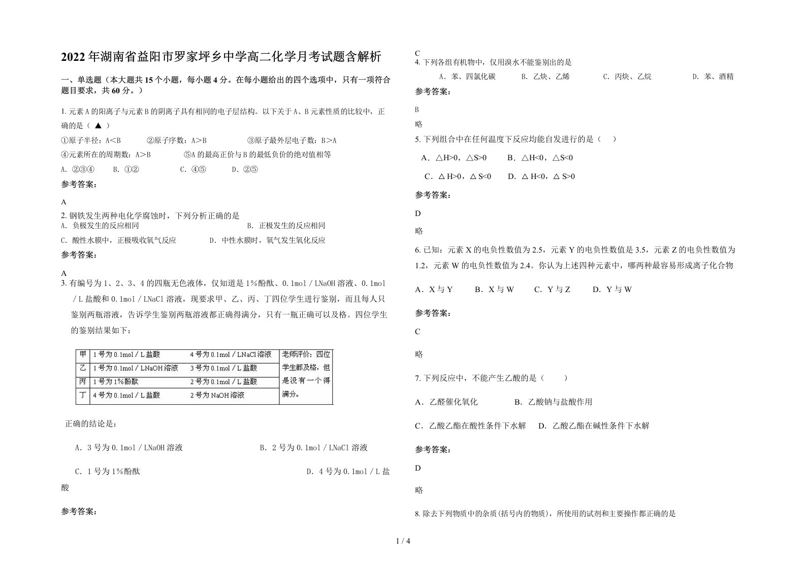 2022年湖南省益阳市罗家坪乡中学高二化学月考试题含解析