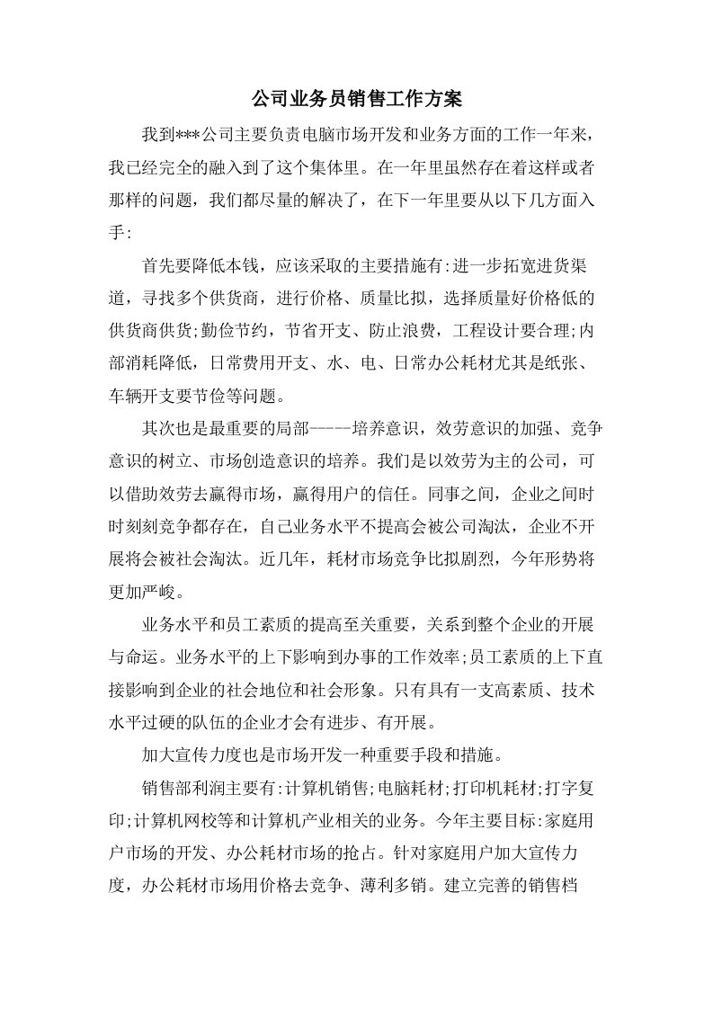 公司业务员销售工作计划