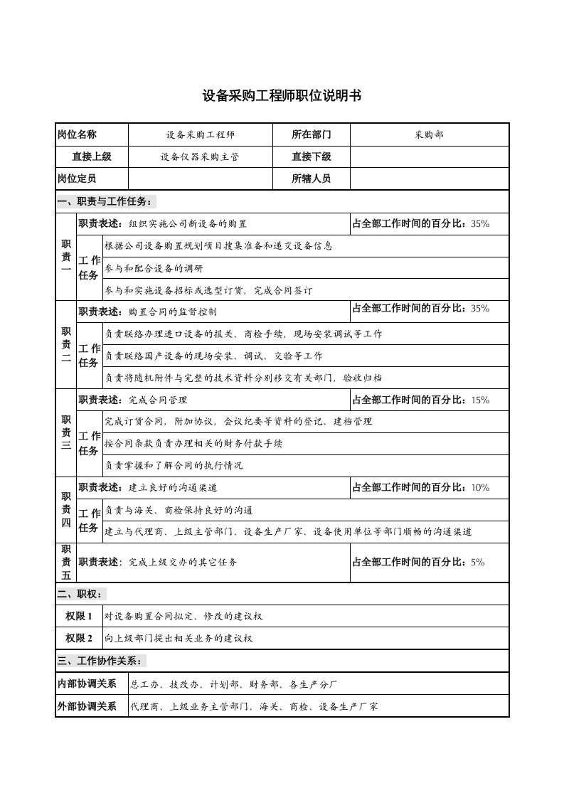 生产管理--仪器生产企业设备采购工程师职位说明书