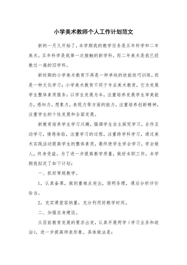 小学美术教师个人工作计划范文