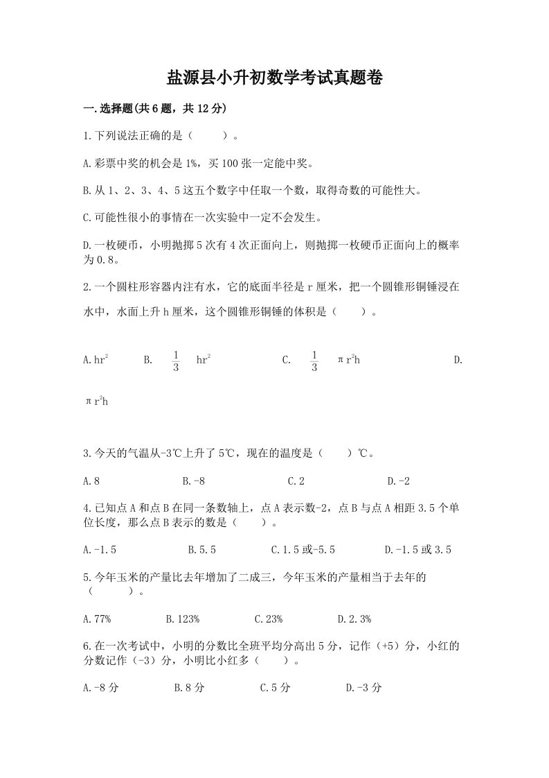 盐源县小升初数学考试真题卷带答案