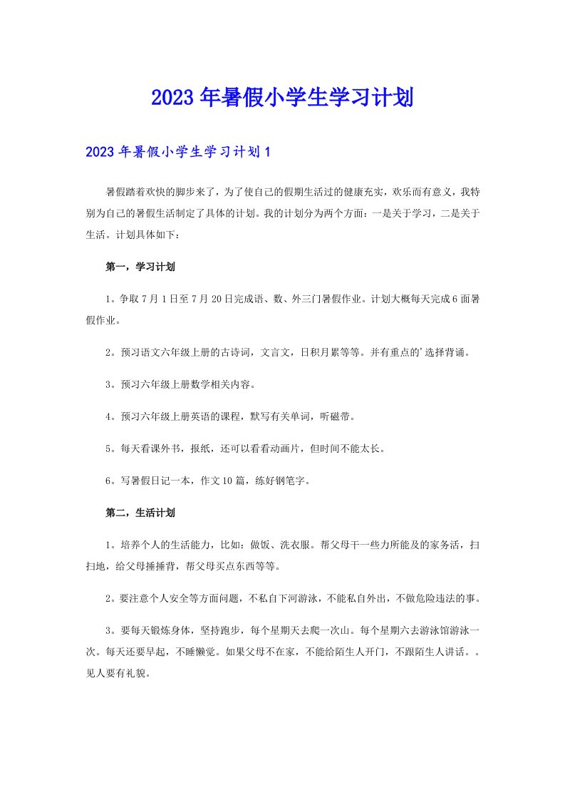 2023年暑假小学生学习计划